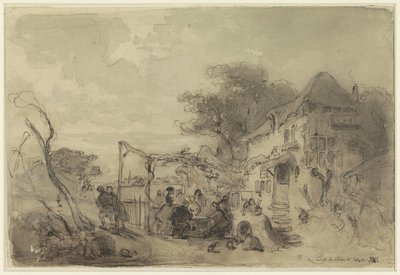 Gesellschaft auf einer Terrasse vor einem Gasthaus entlang einer Straße von Eugène François de Block
