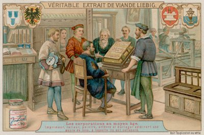 Ein Drucker, Buchbinder, Maler, Goldschmied und Uhrmacher bewundern ein Luxusbuch, an dem sie gemeinsam gearbeitet haben von European School