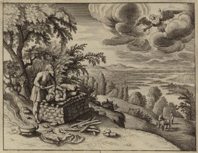 Engel greift ein, um Abraham daran zu hindern, seinen Sohn Isaak zu opfern (Stich) von European School