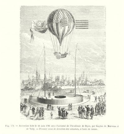 Aufstieg am 12. Juni 1784 mit dem Aerostat der Akademie von Dijon, durch Guyton de Morveau und de Virly, Erster Versuch der Steuerung von Aerostaten mit Hilfe von Rudern (Stich) von European School