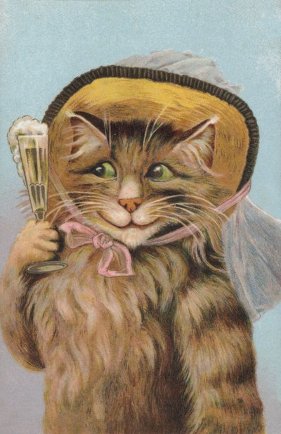 Katze mit Hut und einem Glas Champagner von European School