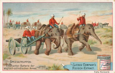 Englische Soldaten von Elefanten in Indien gezogen, Liebig-Karte, frühes 20. Jahrhundert von European School
