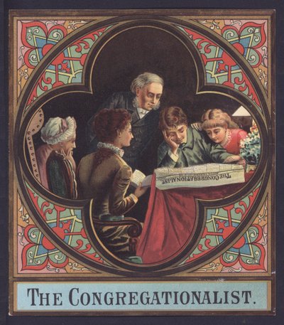 Familie liest eine Ausgabe des The Congregationalist von European School