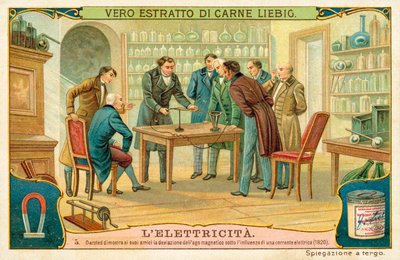 Hans Christian Oersted zeigt seinen Freunden die Ablenkung der Magnetnadel unter dem Einfluss eines elektrischen Stroms, 1820 von European School