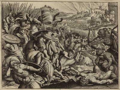 Israeliten besiegen die Benjaminiten und verbrennen ihre Stadt (Gravur) von European School