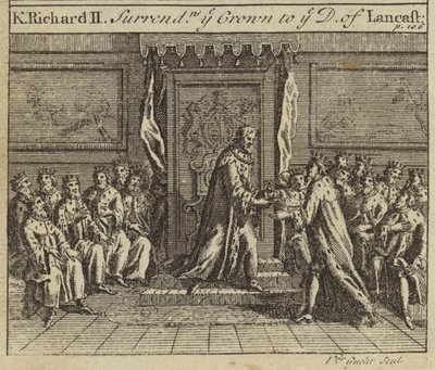 König Richard II. übergibt die Krone Englands an Henry Bolingbroke, Herzog von Lancaster, 1399 von European School