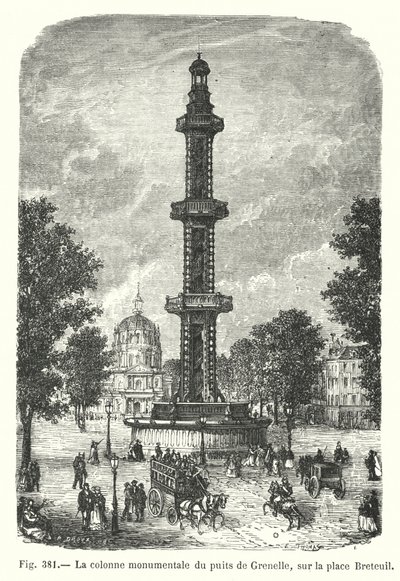 Die monumentale Säule des Brunnens von Grenelle auf dem Breteuil-Platz (Gravur) von European School
