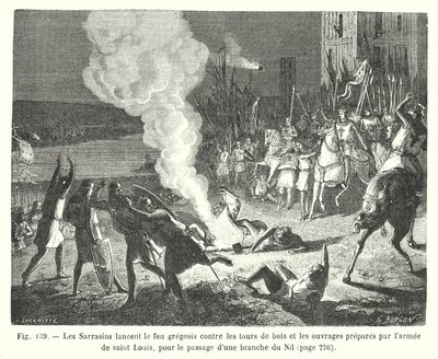 Die Sarazenen werfen griechisches Feuer gegen die Holztürme und die von der Armee des heiligen Ludwig vorbereiteten Werke, um einen Nilarm zu überqueren von European School