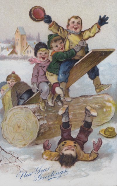 Neujahrsgrußkarte mit Kindern, die im Schnee spielen von European School