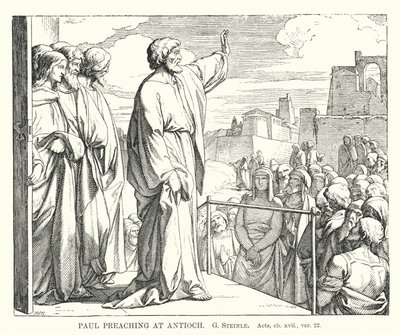 Paulus predigt in Antiochia, Apostelgeschichte, Kapitel xvii, Vers 22 (Gravur) von European School
