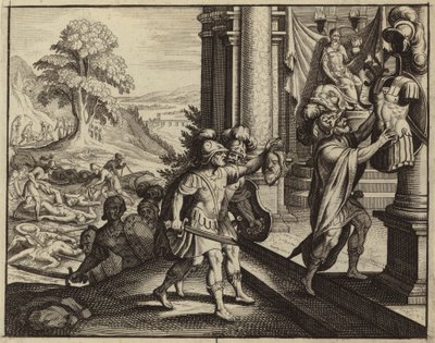 Philister legen den Kopf Sauls in den Tempel ihres Gottes Dagon (Stich) von European School