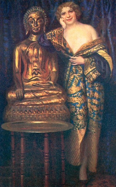 Halbnackte Frau in einem Gewand neben einer goldenen Buddha-Statue von European School