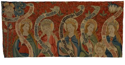 Wandteppichfragment, Darstellung des Allmächtigen und sechs heiliger Frauen, wahrscheinlich von einem Antependium, Ende des 15. Jahrhunderts von European School