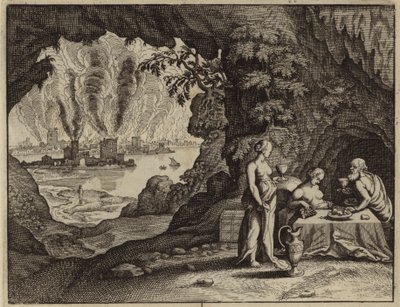 Die Verbrennung von Sodom und Lots Töchter machen ihn betrunken, um Kinder von ihm zu bekommen (Gravur) von European School