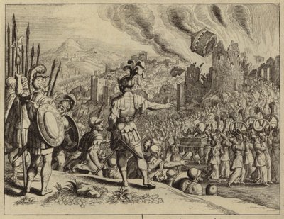 Die Trompeten Josuas bringen die Mauern von Jericho zum Einsturz (Stich) von European School