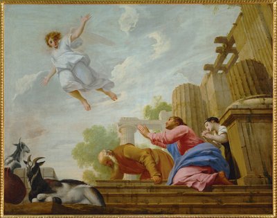Der Engel Raphael verlässt Tobias und seine Familie von Eustache (studio of) Le Sueur