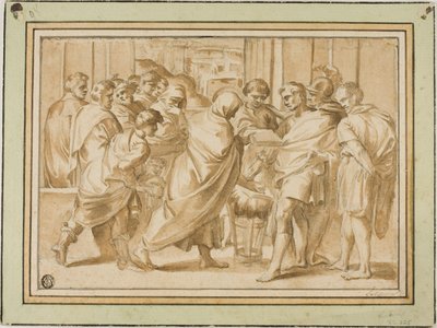 Szene aus der römischen Geschichte, mit einer drapierten Figur, die ein Buch dem Herrscher überreicht von Eustache Le Sueur
