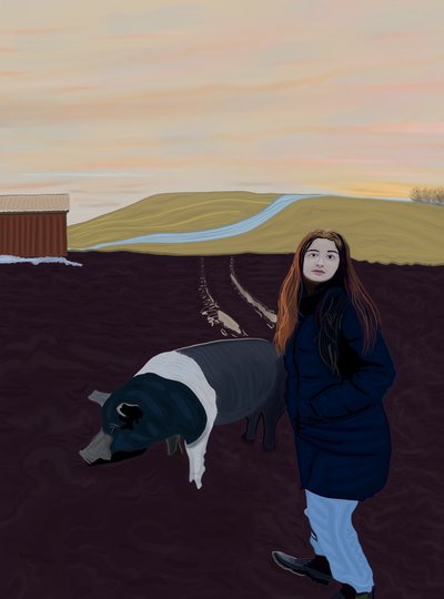Junge Frau und Schwein von Evan Sklar
