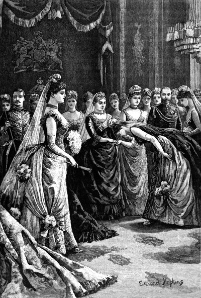 Königin Victoria begrüßt Gäste in einem Salon im Buckingham Palace, spätes 19. Jahrhundert, 1900 von Everard Hopkins