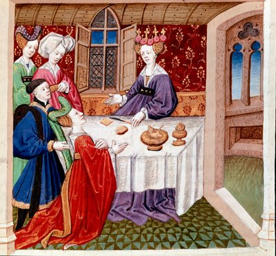 Iseut (oder Iseult) bittet um den Schutz von Königin Guenevre, die an ihrem Tisch sitzt. Miniatur aus „Romanesque du Chevalier Tristan et de la reine Yseult“ von Gassien de Poitiers, illuminiert von Everard de Espinques (15. Jahrhundert) von Everard de Espinques