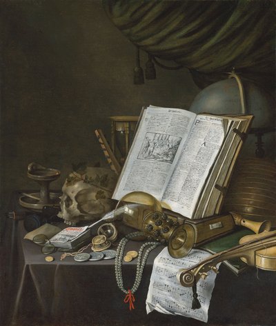 Stillleben mit Münzen und anderen Objekten auf einem Tisch von Evert Collier