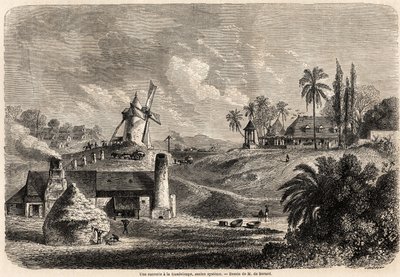 Eine Zuckerfabrik in Guadeloupe, Zeichnung von Auguste de Berard (1824-1881), zur Illustration der Reisen in die Westindischen Inseln, 1858-1859, von Anthony Trollope (1815-1882). Gravur in „Le tour du monde, nouveau journal des voyages“ Paris von Evremond de (after) Berard