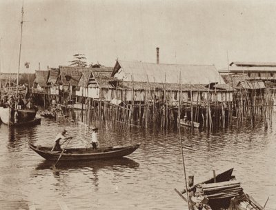 Fischerhäuser auf Pfählen über dem Wasser, Singapur (s/w Foto) von Ewing Galloway