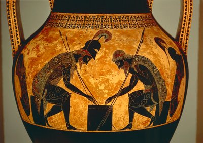 Attische schwarzfigurige Amphore, die Achilles und Ajax beim Würfelspiel darstellt (Detail) von Exekias Exekias