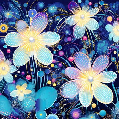 Florales Motivmuster in Blau, Yayoi Kusama Stil, Kunstdrucke online von F. Abderrahim