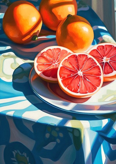 Grapefruitscheiben, Dekor Küchenstillleben Gemälde, Kunstdrucke online von F. Abderrahim