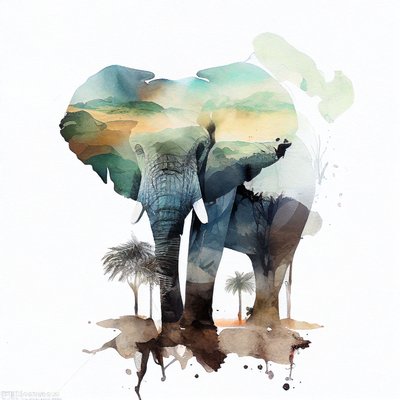 Aquarell Elefant, Afrikanische Savanne von F. Abderrahim