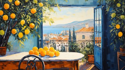 Abstrakte naive Kunst, Fenster auf Landschaft von F. Abderrahim