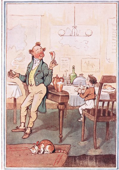 Er nahm ein Kotelett am Knochen in die eine Hand und eine Kartoffel in die andere, Illustration aus David Copperfield, 1914 von F. M. B. Blaikie