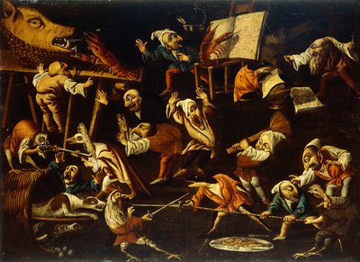 Imaginäre Tiere und Zwerge kämpfen, trinken und feiern von Faustino Bocchi or Boccasi