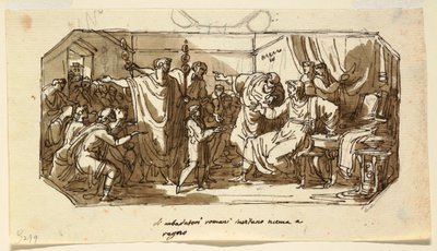 Deckenentwurf: Römischer Botschafter bittet den Sabiner Numa Pompilius, über Rom zu herrschen, Sala di Numa Pompilio, Palazzo Milzetti, Faenza von Felice Giani