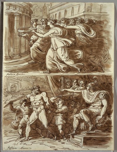 Die Vestalin Tuccia trägt Wasser im Sieb; Zwei Studien nach Polidoro da Caravaggio von Felice Giani