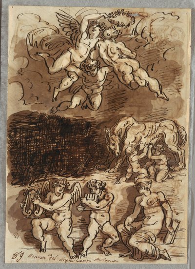 Drei Putti mit Girlande; Romulus und Remus, die von der Wölfin gesäugt werden; Zwei Putti spielen Zimbeln von Felice Giani