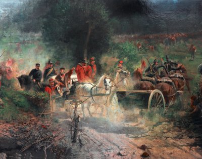 Dritter Italienischer Unabhängigkeitskrieg: „Die Schlacht von Bezzecca“ am 21.07.1866 zwischen den Jägern von Giuseppe Garibaldi und der österreichischen Armee. Detail von Felice Zennaro