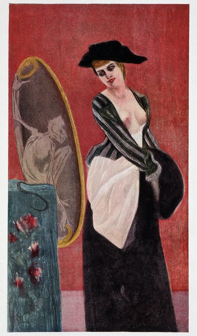 Der Dämon der Habgier: eine monströse Reflexion einer Frau, die sich im Spiegel betrachtet, „Felicien Rops“ von Rudolf Klein von Félicien Rops