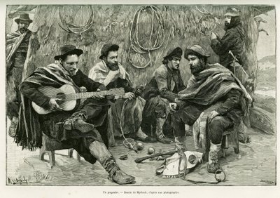 Ein Payador, Duell in Versen von Wandersängern. Gravur von Myrbach zur Illustration der Geschichte Voyage à la Plata, 1886, von Emile Daireaux, in Le Tour du monde 1888, unter der Leitung von Edouard Charton (1807-1890), Hachette, Paris. von Felicien baron de Myrbach Rheinfeld