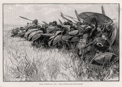 Der Angriff der Massai. Gravur von Myrbach zur Illustration der Geschichte 