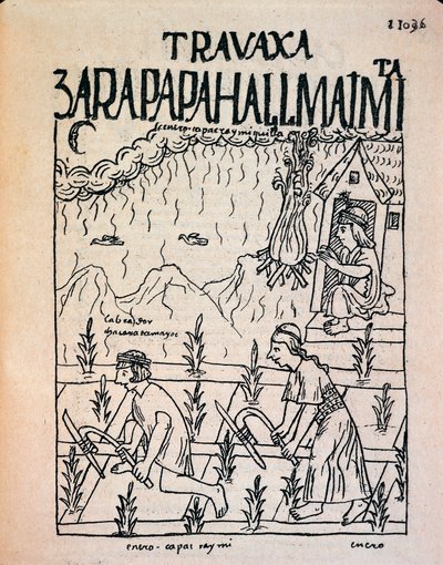 Ein Inka Hatun Runa Paar arbeitet im Januar auf den Feldern von Felipe Huaman Poma de Ayala