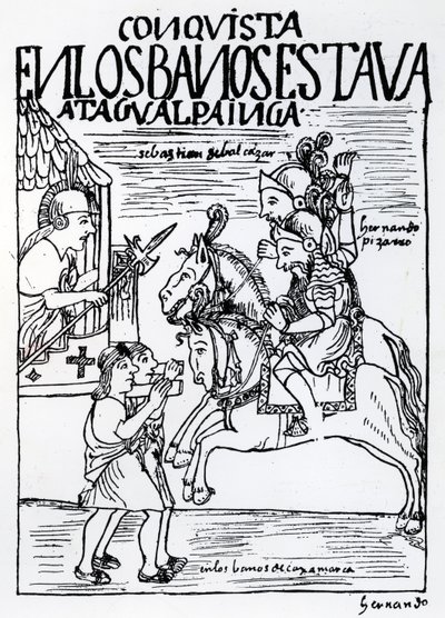 Sebastian de Benalcazar und Hernando Pizarro konfrontieren Atahualpa Inka in den königlichen Bädern von Cajamarca von Felipe Huaman Poma de Ayala