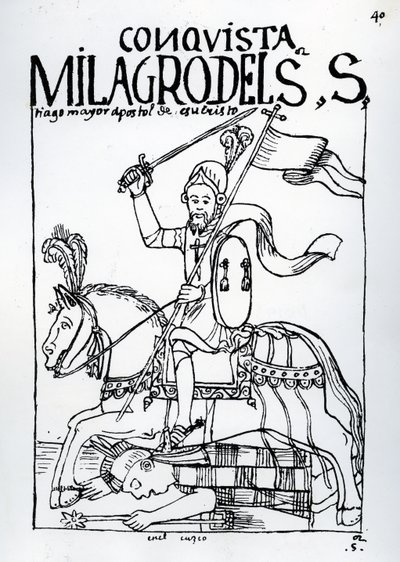 Das wunderbare Eingreifen des Heiligen Jakobus des Apostels bei der Eroberung Amerikas von Felipe Huaman Poma de Ayala