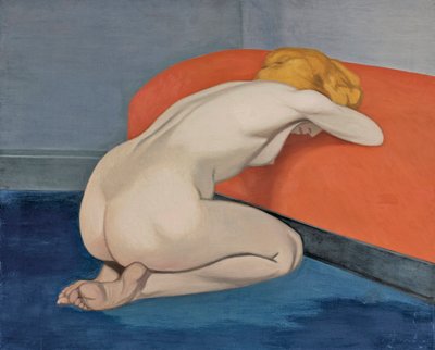 Nackte Frau kniet vor einem roten Sofa von Felix Edouard Vallotton