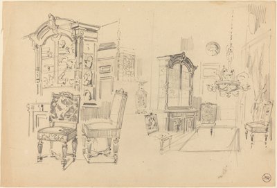 Zwei Studien eines Interieurs mit Möbeln von Felix Hilaire Buhot