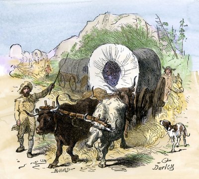 Geschichte der Siedler und der Eroberung des Westens: Amerikanische Pioniere. Pioniere wanderten zu Beginn des 19. Jahrhunderts ins Mississippi-Tal aus. Farbige Gravur von Darley. von Felix Octavius Carr (after) Darley