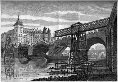 Umgestaltungen von Paris unter dem Zweiten Kaiserreich, Haussmann Paris: Abriss der Pont au Change (1639-1647) und Installation der provisorischen Brücke. Gravur von Felix Thorigny in „Le Monde Illustré“ Nr. 78 vom 9. Oktober 1858. von Felix Thorigny