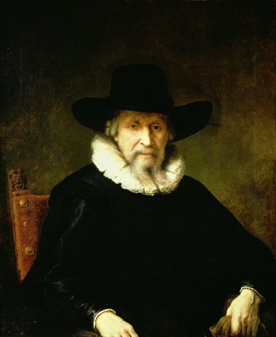 Porträt eines Gentlemans mit Halskrause und dunkler Kleidung mit breitkrempigem Hut von Ferdinand Bol