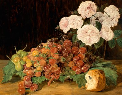 Stillleben mit Rosen, Erdbeeren und Brot von Ferdinand Georg Waldmuller